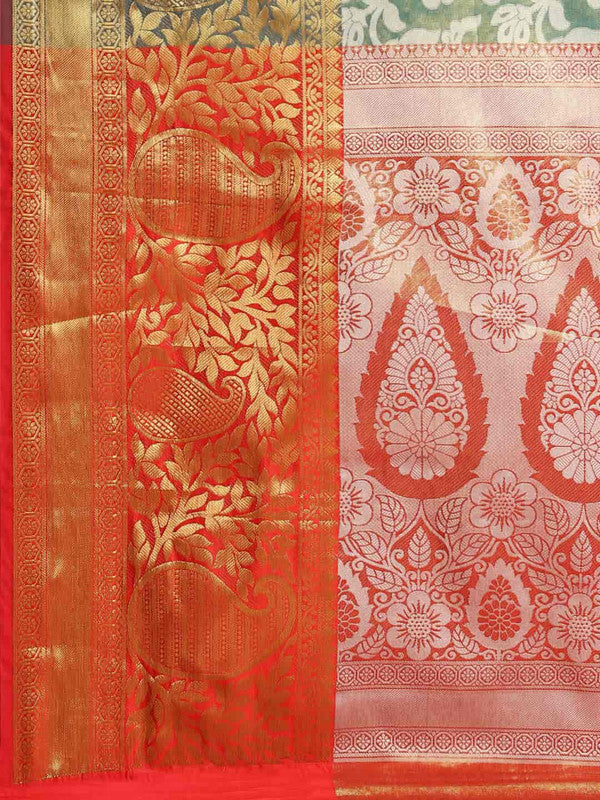 Turquoise Tissue Silk Woven Zari Design Floral Saree with Unstitched Blouse - Hiral Fashion