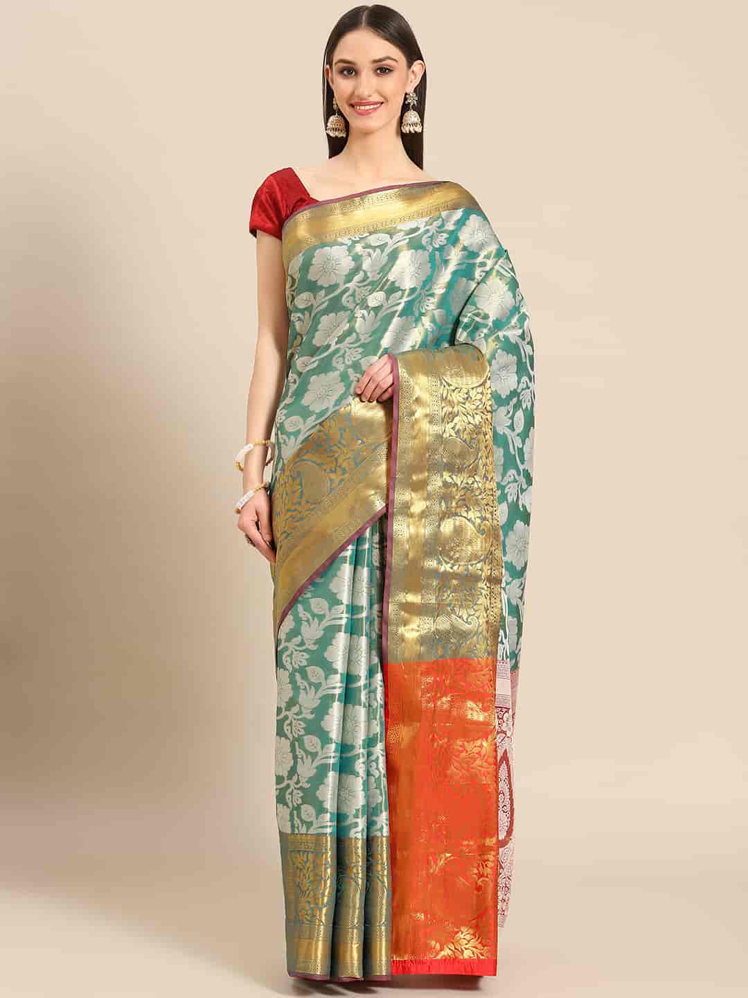 Turquoise Tissue Silk Woven Zari Design Floral Saree with Unstitched Blouse - Hiral Fashion
