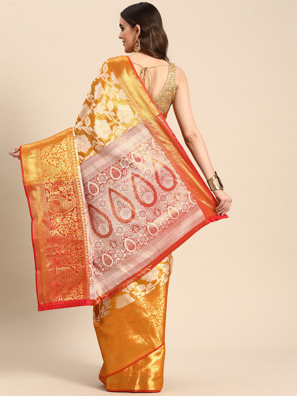 Yellow Tissue Silk Woven Zari Design Floral Saree with Unstitched Blouse - Hiral Fashion