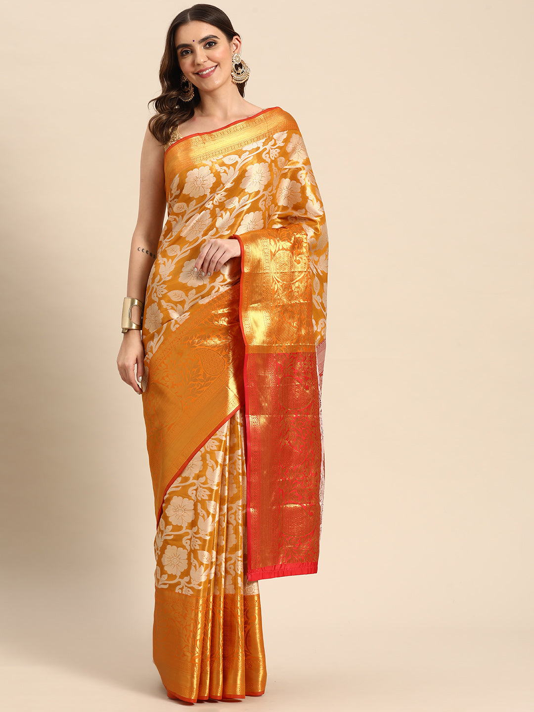 Yellow Tissue Silk Woven Zari Design Floral Saree with Unstitched Blouse - Hiral Fashion