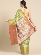 Green Silk Blend Woven Zari Design Striped Saree with Unstitched Blouse - Hiral Fashion
