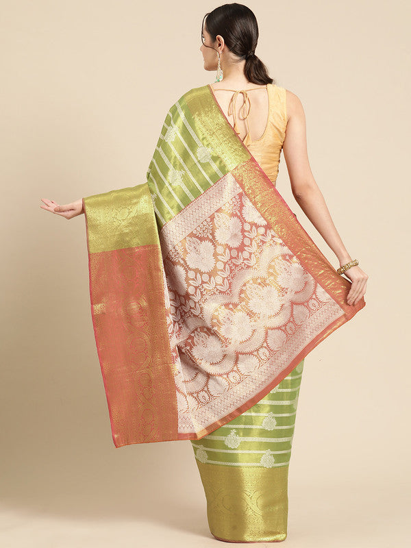 Green Silk Blend Woven Zari Design Striped Saree with Unstitched Blouse - Hiral Fashion