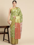 Green Silk Blend Woven Zari Design Striped Saree with Unstitched Blouse - Hiral Fashion