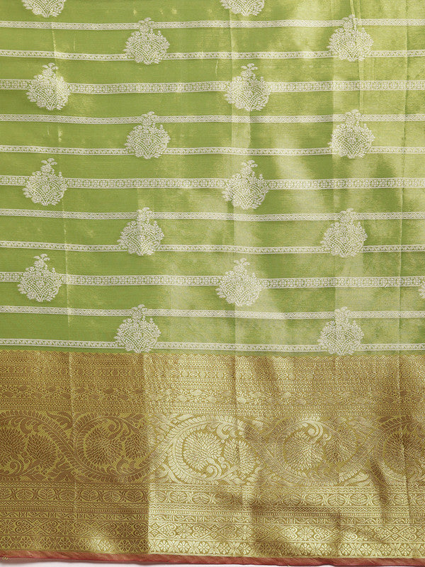 Green Silk Blend Woven Zari Design Striped Saree with Unstitched Blouse - Hiral Fashion
