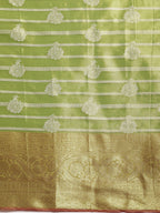 Green Silk Blend Woven Zari Design Striped Saree with Unstitched Blouse - Hiral Fashion