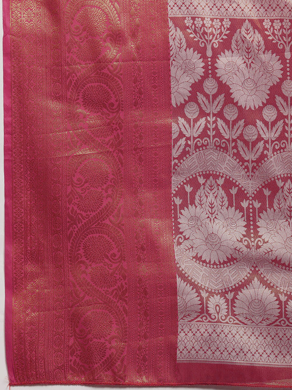 Pink Silk Blend Woven Zari Design Striped Saree with Unstitched Blouse - Hiral Fashion