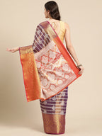 Purple Silk Blend Woven Zari Design Striped Saree with Unstitched Blouse - Hiral Fashion
