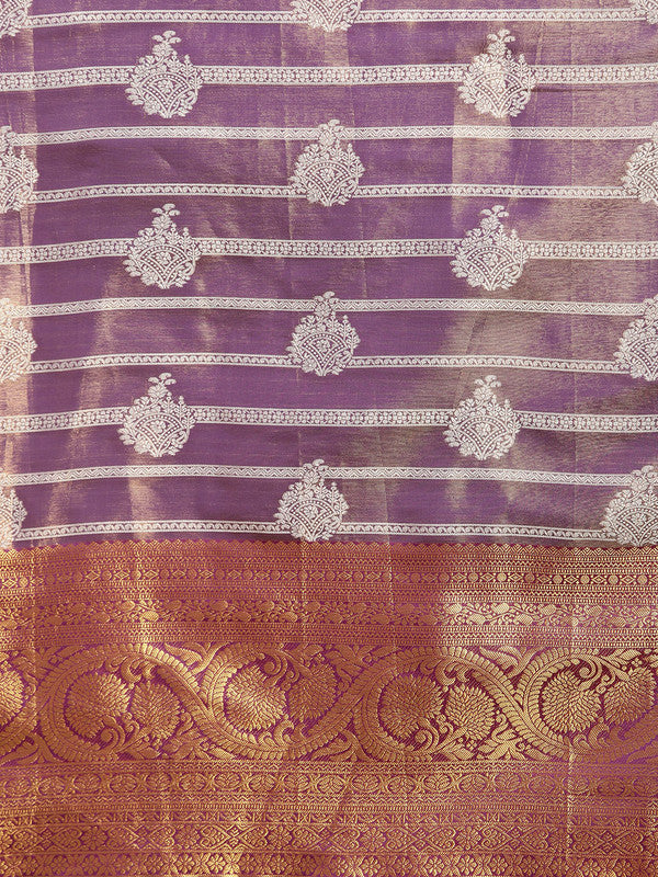 Purple Silk Blend Woven Zari Design Striped Saree with Unstitched Blouse - Hiral Fashion