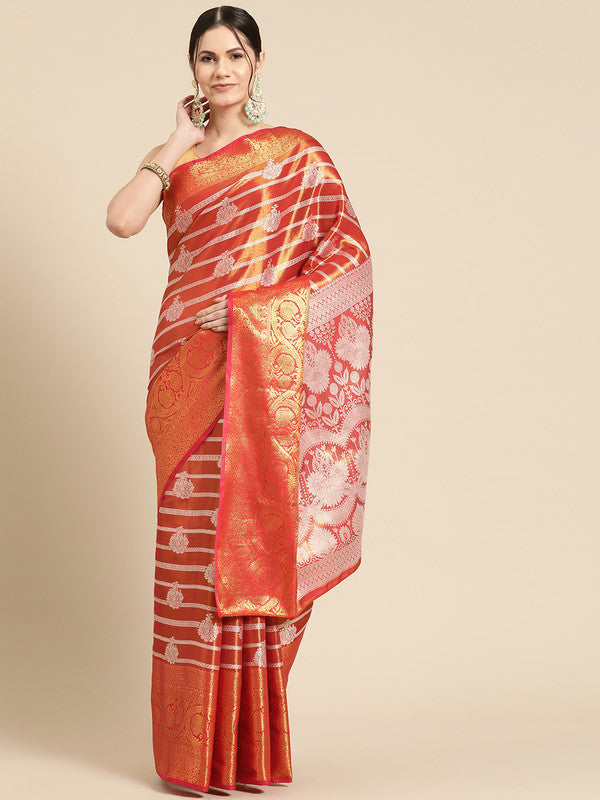 Red Silk Blend Woven Zari Design Striped Saree with Unstitched Blouse - Hiral Fashion