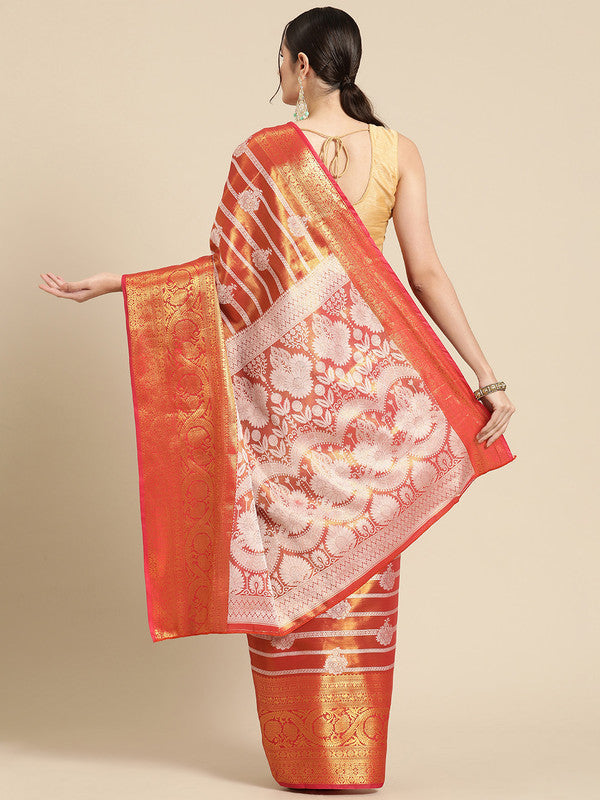 Red Silk Blend Woven Zari Design Striped Saree with Unstitched Blouse - Hiral Fashion