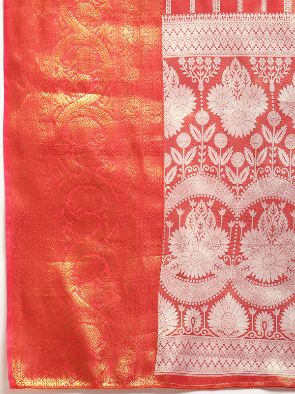 Red Silk Blend Woven Zari Design Striped Saree with Unstitched Blouse - Hiral Fashion