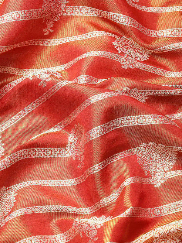 Red Silk Blend Woven Zari Design Striped Saree with Unstitched Blouse - Hiral Fashion