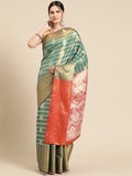 Turquoise Silk Blend Woven Zari Design Striped Saree with Unstitched Blouse - Hiral Fashion