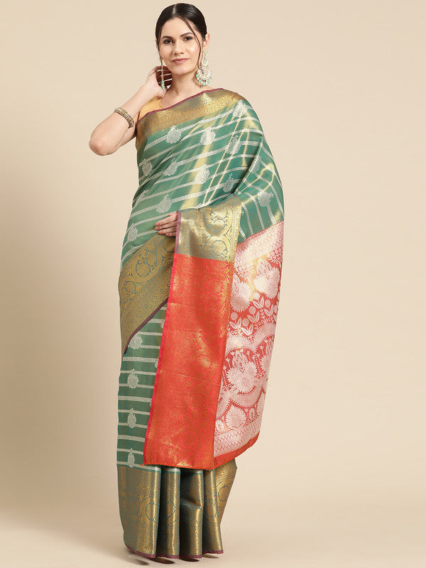 Turquoise Silk Blend Woven Zari Design Striped Saree with Unstitched Blouse - Hiral Fashion