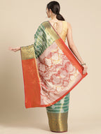 Turquoise Silk Blend Woven Zari Design Striped Saree with Unstitched Blouse - Hiral Fashion