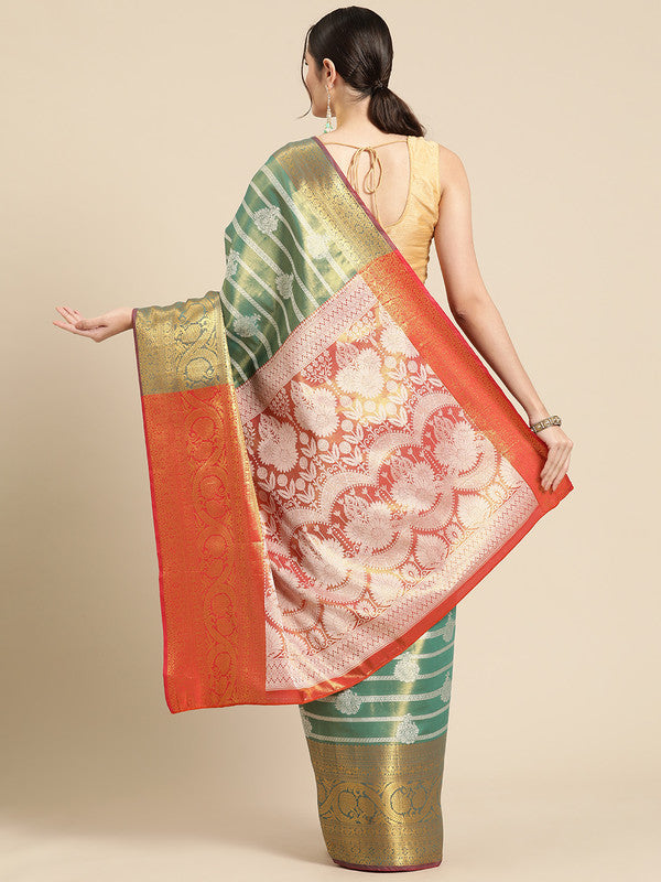 Turquoise Silk Blend Woven Zari Design Striped Saree with Unstitched Blouse - Hiral Fashion