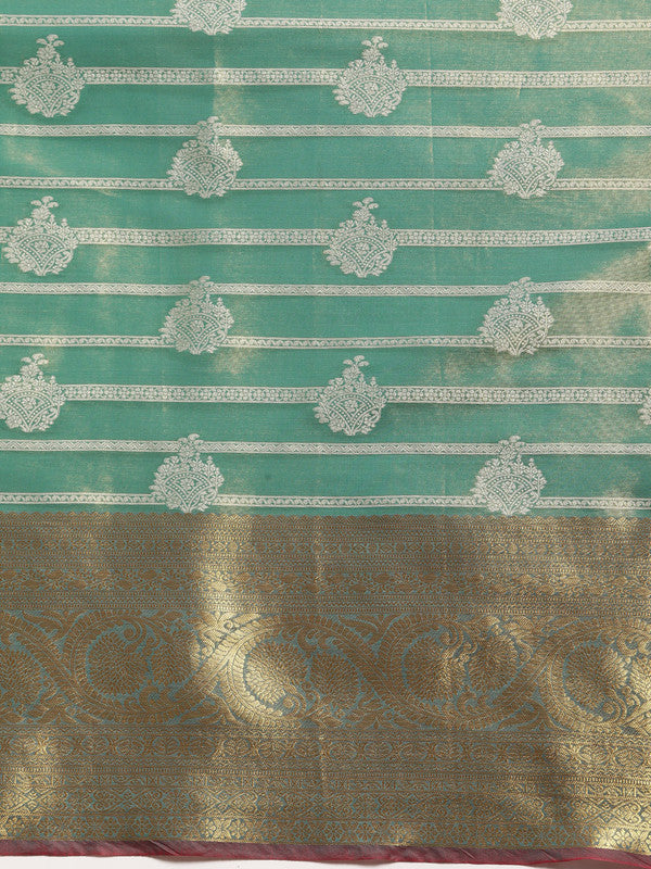 Turquoise Silk Blend Woven Zari Design Striped Saree with Unstitched Blouse - Hiral Fashion