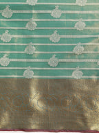 Turquoise Silk Blend Woven Zari Design Striped Saree with Unstitched Blouse - Hiral Fashion