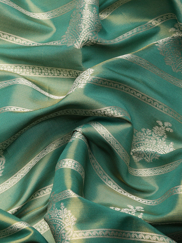 Turquoise Silk Blend Woven Zari Design Striped Saree with Unstitched Blouse - Hiral Fashion