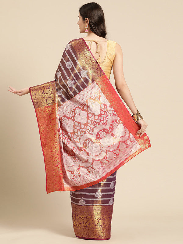 Purple Silk Blend Woven Zari Design Striped Saree with Unstitched Blouse - Hiral Fashion