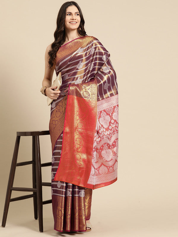 Purple Silk Blend Woven Zari Design Striped Saree with Unstitched Blouse - Hiral Fashion