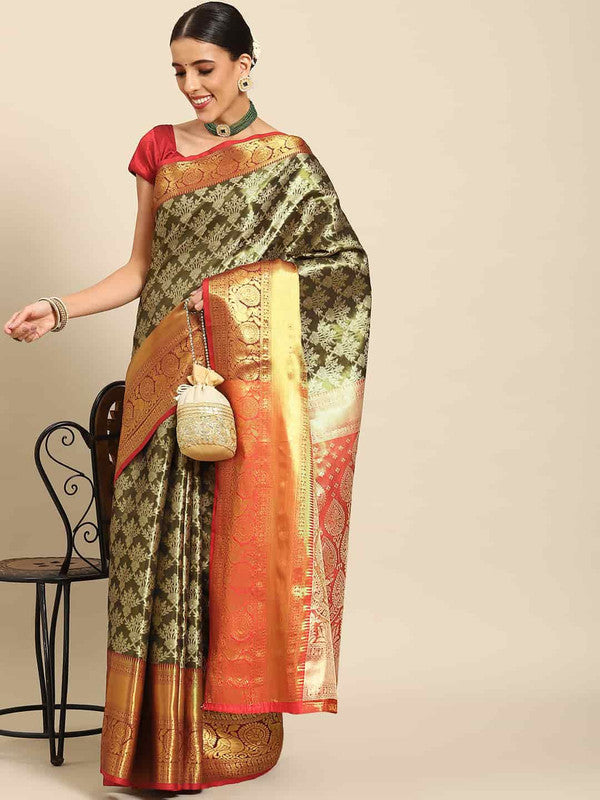 Black Art Silk Woven Zari Design Floral Saree with Unstitched Blouse - Hiral Fashion