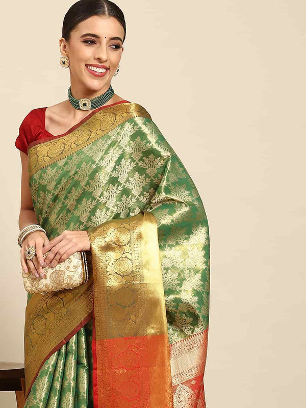 Green Art Silk Woven Zari Design Floral Saree with Unstitched Blouse - Hiral Fashion