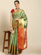 Green Art Silk Woven Zari Design Floral Saree with Unstitched Blouse - Hiral Fashion