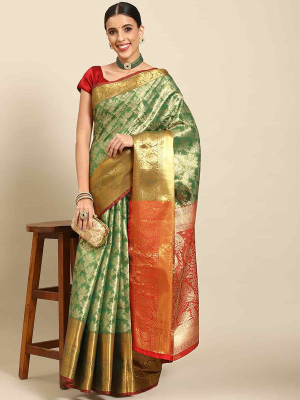 Green Art Silk Woven Zari Design Floral Saree with Unstitched Blouse - Hiral Fashion