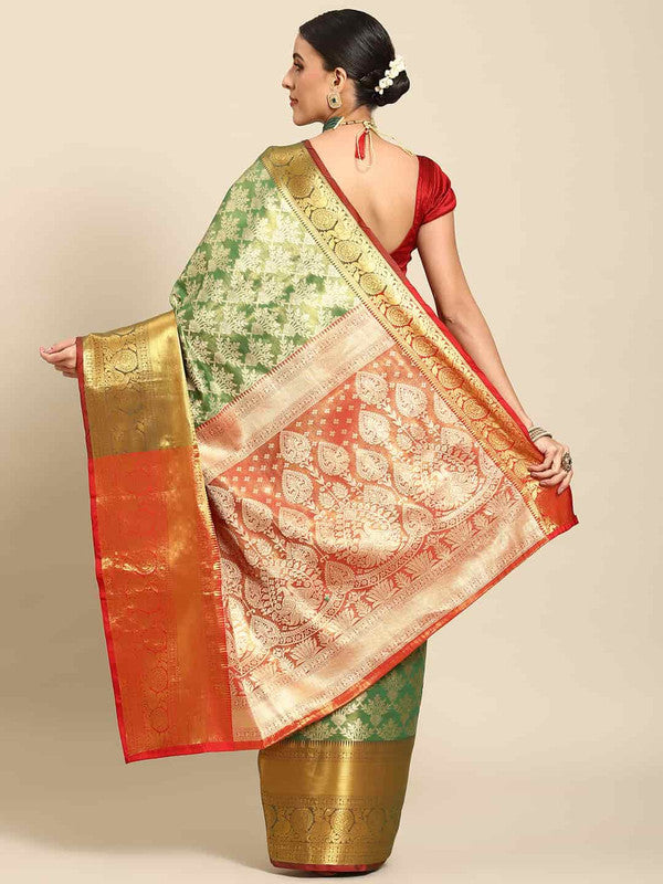 Green Art Silk Woven Zari Design Floral Saree with Unstitched Blouse - Hiral Fashion