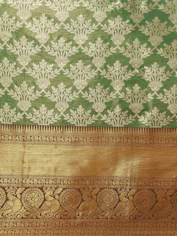Green Art Silk Woven Zari Design Floral Saree with Unstitched Blouse - Hiral Fashion
