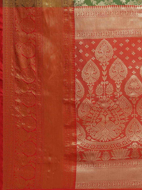 Green Art Silk Woven Zari Design Floral Saree with Unstitched Blouse - Hiral Fashion