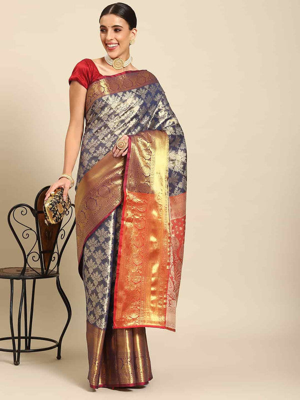 Navy Blue Art Silk Woven Zari Design Floral Saree with Unstitched Blouse - Hiral Fashion