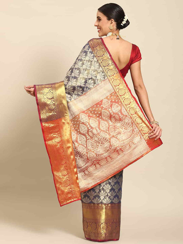 Navy Blue Art Silk Woven Zari Design Floral Saree with Unstitched Blouse - Hiral Fashion