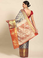 Navy Blue Art Silk Woven Zari Design Floral Saree with Unstitched Blouse - Hiral Fashion