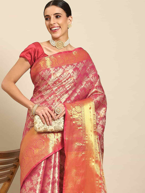 Pink Art Silk Woven Zari Design Floral Saree with Unstitched Blouse - Hiral Fashion