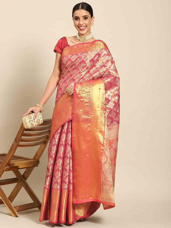 Pink Art Silk Woven Zari Design Floral Saree with Unstitched Blouse - Hiral Fashion