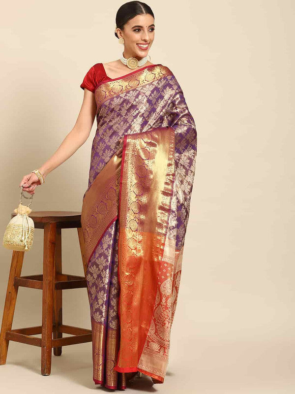 Purple Art Silk Woven Zari Design Floral Saree with Unstitched Blouse - Hiral Fashion