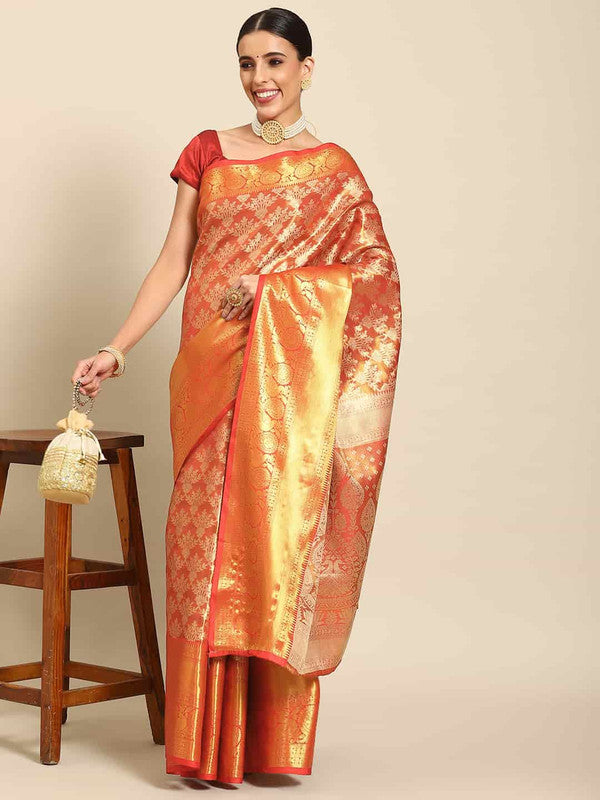 Red Art Silk Woven Zari Design Floral Saree with Unstitched Blouse - Hiral Fashion