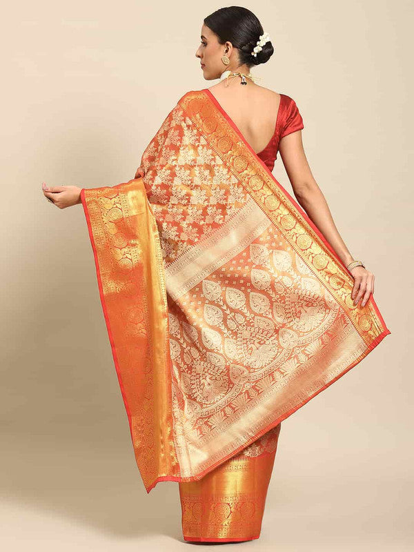 Red Art Silk Woven Zari Design Floral Saree with Unstitched Blouse - Hiral Fashion
