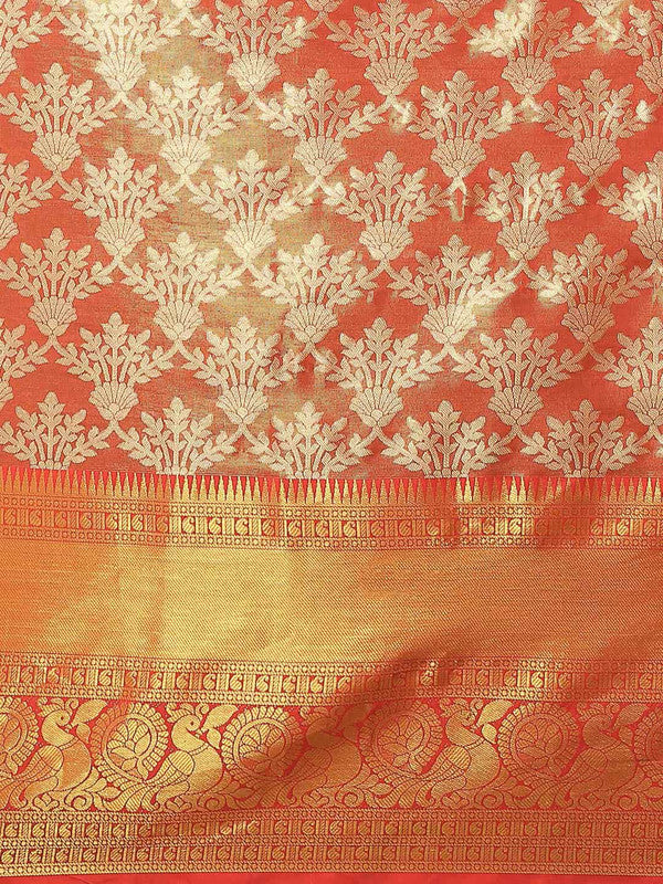 Red Art Silk Woven Zari Design Floral Saree with Unstitched Blouse - Hiral Fashion