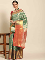 Turquoise Art Silk Woven Zari Design Floral Saree with Unstitched Blouse - Hiral Fashion