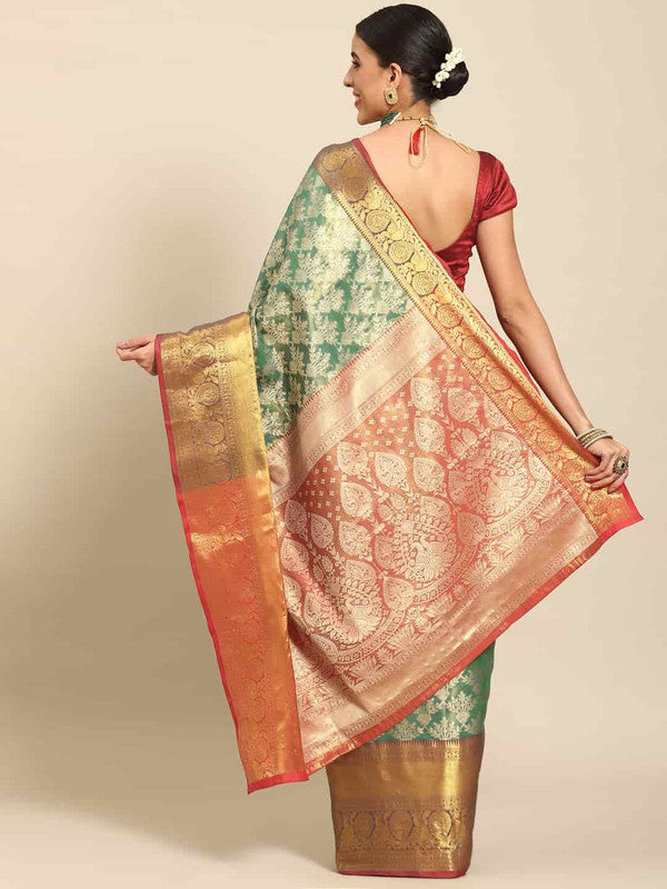 Turquoise Art Silk Woven Zari Design Floral Saree with Unstitched Blouse - Hiral Fashion