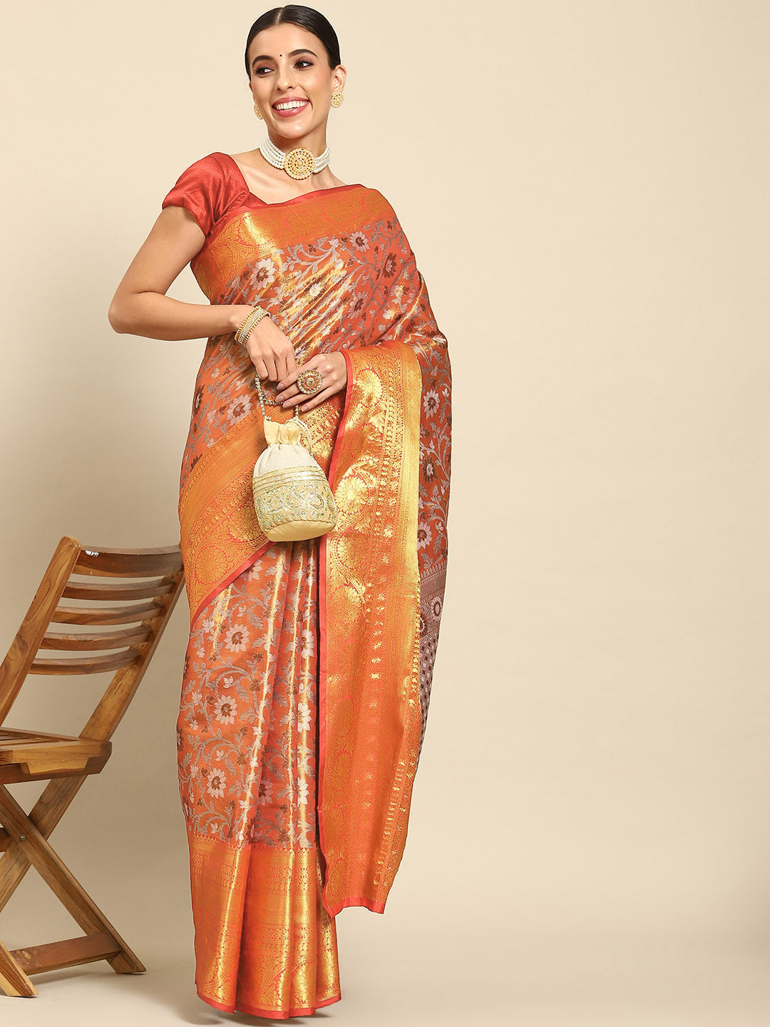 Hiral Fashion Red Kanjeevaram Art Silk Floral Woven Zari Design Saree