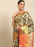 Black Art Silk Woven Zari Design Floral Saree with Unstitched Blouse - Hiral Fashion
