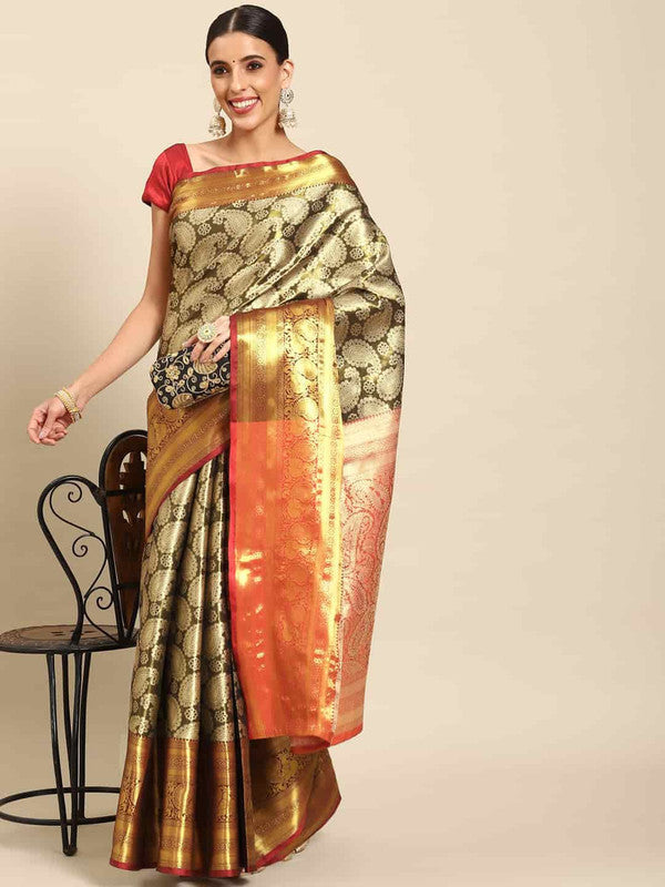 Black Art Silk Woven Zari Design Floral Saree with Unstitched Blouse - Hiral Fashion