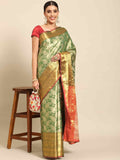 Green Art Silk Woven Zari Design Floral Saree with Unstitched Blouse - Hiral Fashion