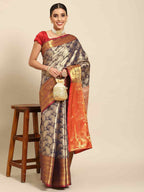 Navy Blue Art Silk Woven Zari Design Floral Saree with Unstitched Blouse - Hiral Fashion