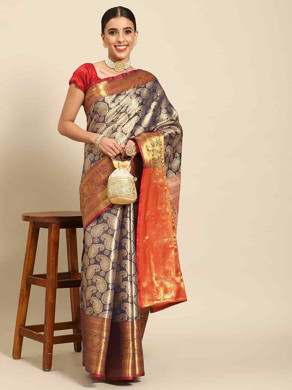 Navy Blue Art Silk Woven Zari Design Floral Saree with Unstitched Blouse - Hiral Fashion