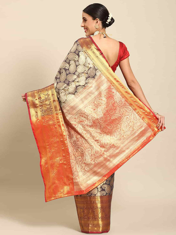 Navy Blue Art Silk Woven Zari Design Floral Saree with Unstitched Blouse - Hiral Fashion